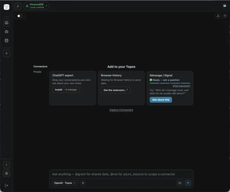 The actual Topos application: a local personal database with sources including ChatGPT export and browser history.